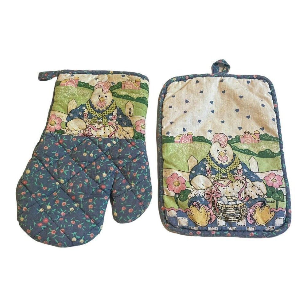 Easter Potholders Chicken 2 Set Vintage Spring Kitchen Oven Mit Potholder Retro